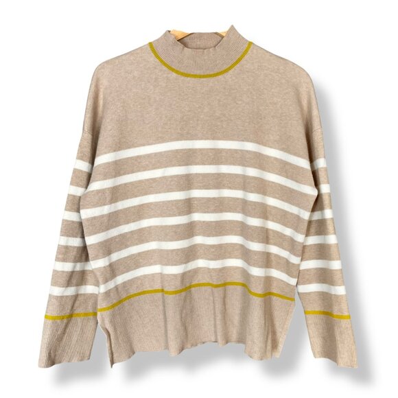Tahari Sweater Striped XL Women Autumn Fall Pullover Mock Neck Tan White Green - Picture 1 of 11